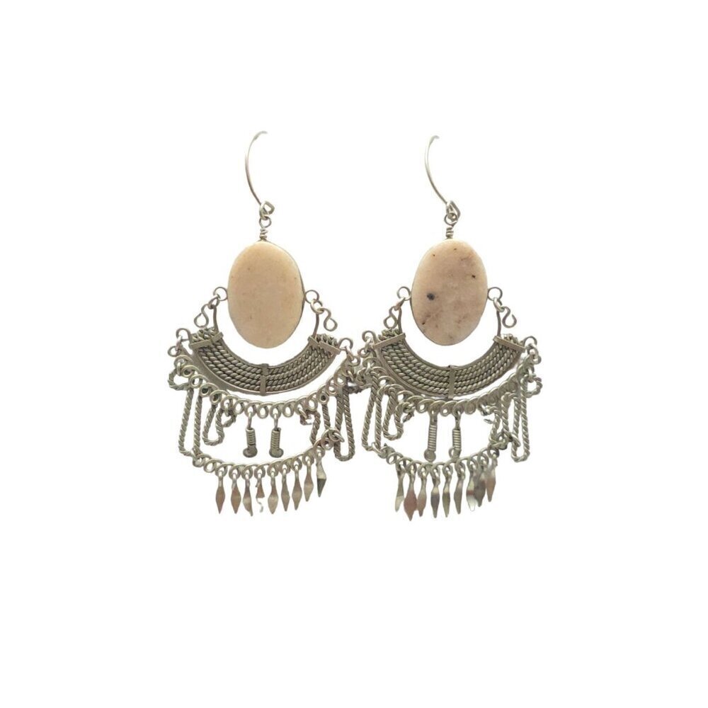 Oval Agate Fringe Dangle Drops Boho Earrings Hook Closure Silver Tone Vintage